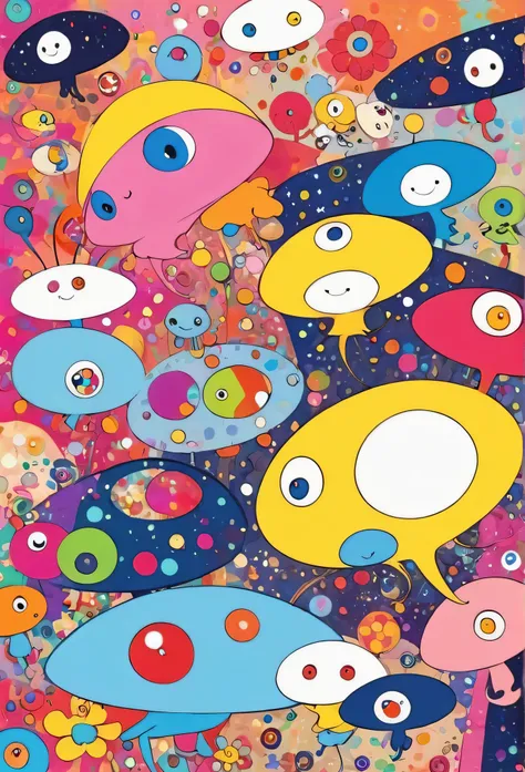 Takashi Murakami colorfull style, Simple Line Initialism，Abstract art, girls, funny design, (((Cute Aliens))), The background is space