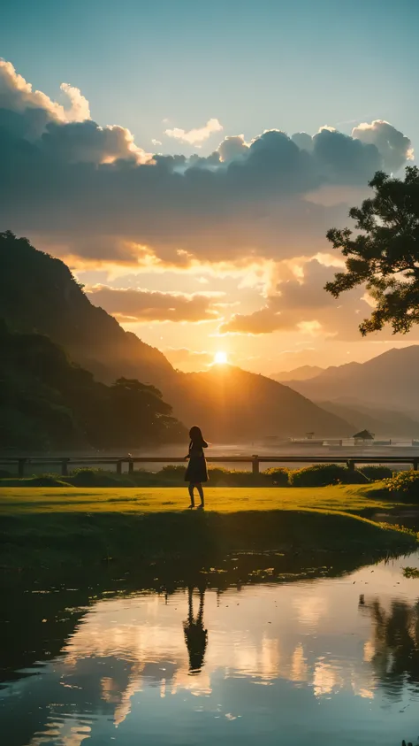 software, One girl, Focus Only, throw, Very wide shot, landscape, East Asian architecture, sunlight, sunrise, floating, cloud, null, rain, water, whole body, Outdoor, scenery, Depth of written boundary