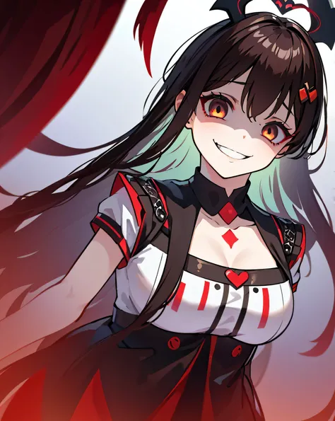 One girl, Ahoge, dark brown hair, Extremely long hair, black eye, latex, Yandere smile, Yandere, Wicked Smile. Yandere, Wicked Smile, From below, Mouth closed, Tilt your head, dark, , Shadowy Face, Eyes in the Sky, Medium breast,elbow gloves,ruins。
