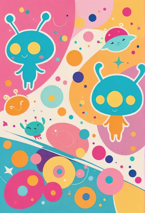 Ai Yazawa colorfull style, Simple Line Initialism，Abstract art, girls, funny design, (((Cute Aliens))), The background is space