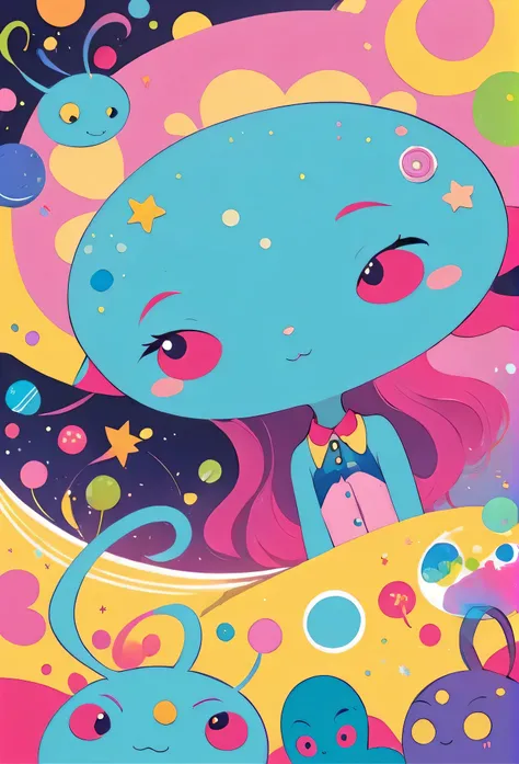 Ai Yazawa colorfull style, Simple Line Initialism，Abstract art, funny design, (((Cute Aliens))), The background is space