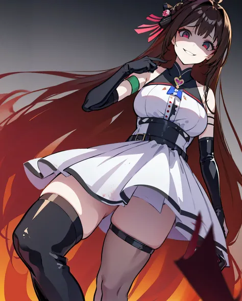 One girl, Ahoge, dark brown hair, Extremely long hair, black eye, latex, Yandere smile, Yandere, Wicked Smile. Yandere, Wicked Smile, From below, Mouth closed, Tilt your head, dark, , Shadowy Face, Eyes in the Sky, Medium breast,elbow gloves,ruins,thighhig...