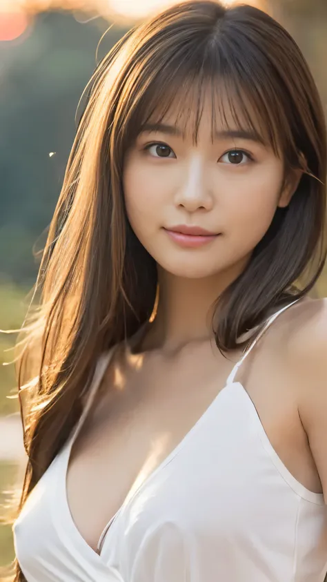 masterpiece, best quality, ultra high res, ultra detailed, sharp focus, 1girl, Alone, a stunning pretty and beautiful Japanese sexy model, 19yo, looking at viewer:1.3, dusk, sunset, night, realistic, slender, (standing:1.1), (looking at the viewer:1.3), se...