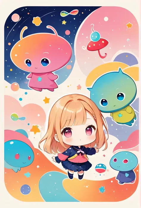 Momoko Sakura colorfull style, Simple Line Initialism，Abstract art, funny design, (((Cute chibi Aliens))), The background is space