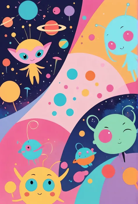 Ai Yazawa colorfull style, Simple Line Initialism，Abstract art, girls, funny design, (((Cute Aliens))), The background is space