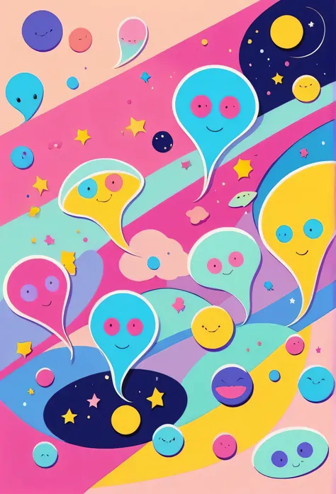 Ai Yazawa colorfull style, Simple Line Initialism，Abstract art, girls, funny design, (((Cute Aliens))), The background is space