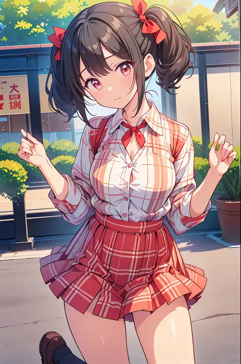 ((Multiple Views))((One girl))((Idol@Star))Risa Madoriba、happy、Outdoor、station、panties、(Checkered summer shirt)whole body、From below、Low angle、Unbutton your shirt、Black hair twin tails、Red ribbon、loafers、