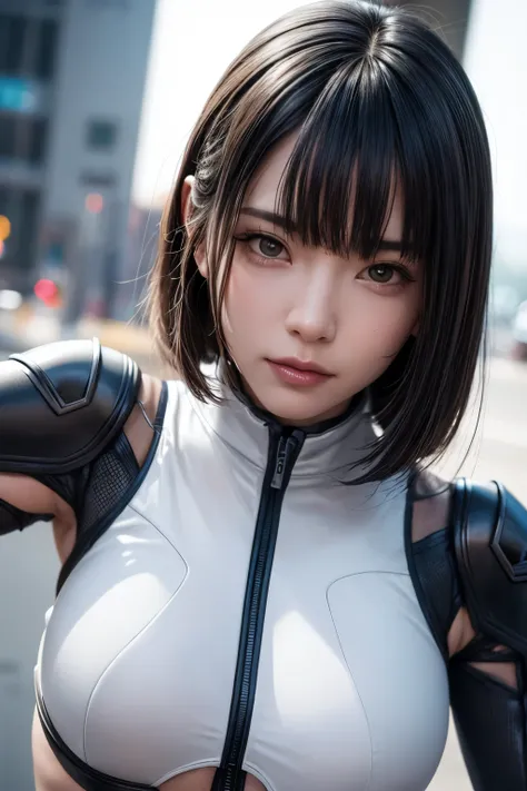 Highly detailed photo of a woman, [Lola Elizabeth, Cyberpunk, Futuristic, Cyberpunk bodysuit, 8K Ultra HD, RAW Photos, Model photoshoot, Detailed skin, Skin imperfections