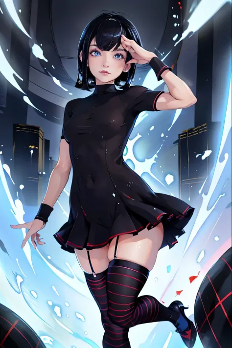 Masterpiece, extra high resolution, ultra -detailed, Beautiful European girl, black  hair, short bob cut, Amazing blue eyes, White Skin Skin, red-lips, blushful, gentle look, sorceress, Amazing face, The Amazing Mavis Dracula, realisti, Black Dress,  strip...