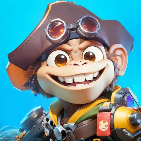 a close up of a cartoon monkey with a pirate hat and goggles, winston the ape from overwatch, 3 d icon for mobile game, humanoid monkey fantasy race, wukong, cg artist, sun wukong, mobile game style, jajaboonords flipjimtots, very stylized, stylized 3 d, u...