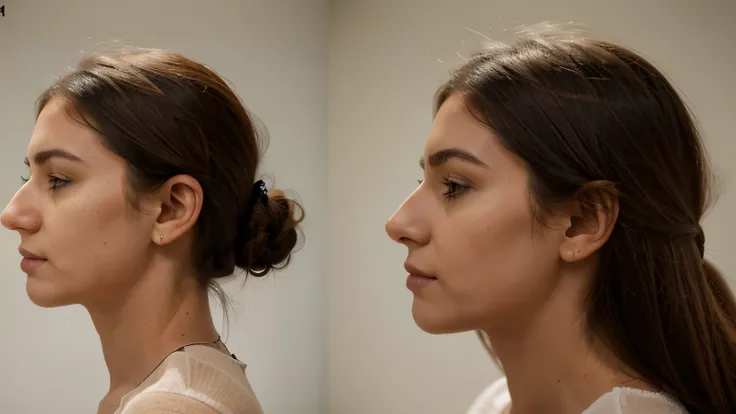 I need a before and after themed image. A woman with a bad nose gets rhinoplasty and has a great nose. Side profile and show the previous bad nose