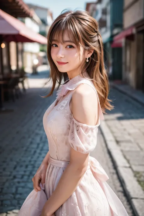 Full body portrait, Beauty, Well-formed face, 20-year-old, Uniform eyes, Small face, light brown hair, hair over shoulder, parted bangs, straight hair, expressive hair, shiny hair, long hair, earrings, seductive smile, Medium build, Small Bust, Surrealism,...