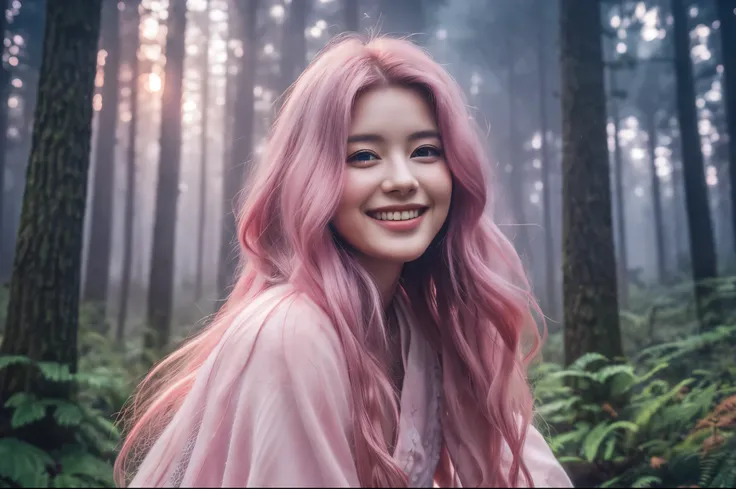 Best Quality　masterpiece　detailed　A very beautiful woman is smiling and standing in a misty forest　Pink Sunset　Fantasy　Fantasy　Photo style