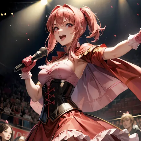 best quality, masterpiece, 2d, masterpiece, best quality, anime, highly detailed, cowboy shot, 1girl, solo, looking at viewer, smile, red hair and a red eye, happy, sweating, posing, ((red dress)), (((pink gloves))), dancing, singing, glow, on stage, hair ...