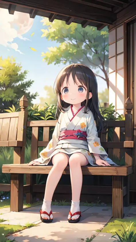 cute, ((silver grass)), kimono, (solo), ((loli)), baby face, long hair, ((glossy black hair)), black eyes, blush:1.5, happy smile, medium breasts, moon night, looking up, ((looking away:1.5)), windy:1.5, flip-flops, ((Japanese room, sitting on the veranda)...