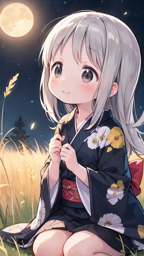 cute, meadow, ((silver grass)), kimono, (solo), ((loli)), baby face, long hair, glossy black hair, black eyes, sitting on the engawa, blush:1.5, happy smile, medium breasts, moon night, looking up, ((looking away:1.5)), winy:1.5