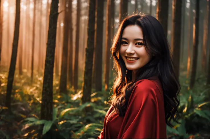 Best Quality　masterpiece　detailed　A beautiful dark-haired woman is smiling and standing in a misty forest　A vibrant red sunset　Photo style　Fantasy　Fantasy