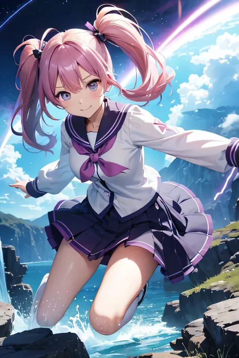 One Japanese high school girl, high resolution, widescreen, masterpiece, best quality, high detail. Iris, a vibrant girl with short, pink-and-purple twin tails, stands in the middle of a dreamlike landscape. Her golden hairpins glint under a strange sky fi...