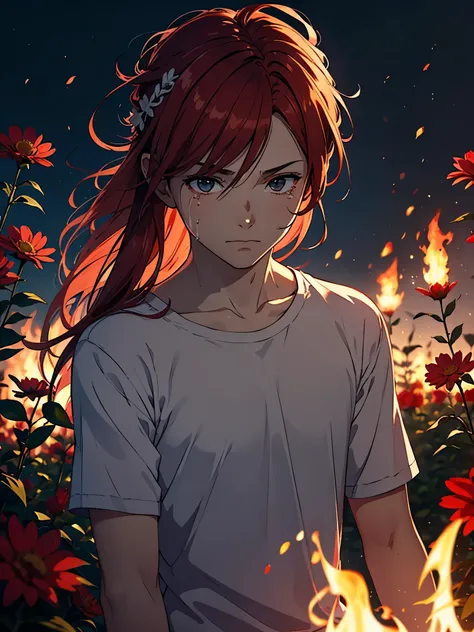 Red hair. Burning. Crying. Fire. Red flowers. Sonne. Tageslicht. Hell. Tag. Mittags. Red hair. More anime. light red light. Bright red light. Red flowers. male. Long hair. long red hair, boy, silver hair accessories, long red hair. Fire.