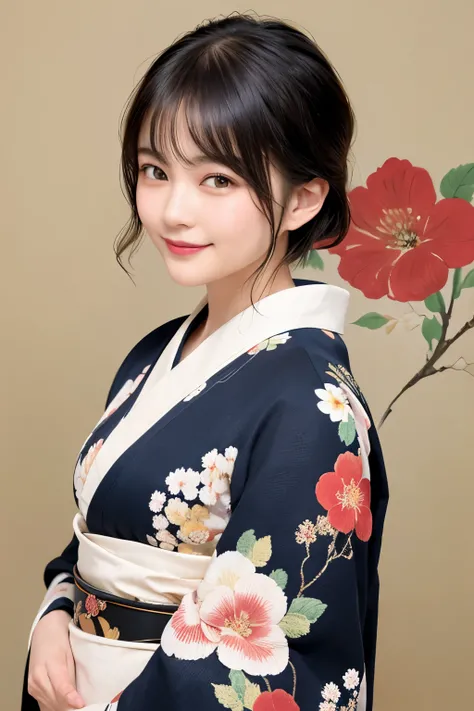 288 (20-year-old woman,Short Hair) , (A kind smile) , (kimono), (colorful), (Japanese painting by Uemura Shōen), flower