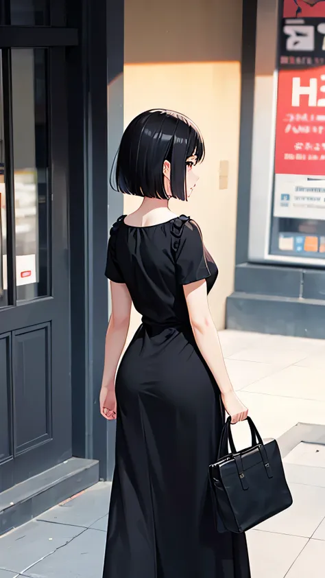 (Rear view)、Beauty、Adult women、One person、Alone、Black Hair、Long Bob、Black dress、Short sleeve、A neat feeling、Carrying a bag、