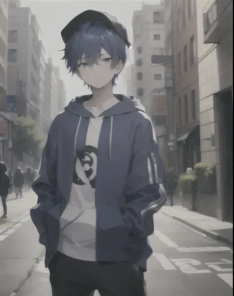 masterpiece,1boy,solo,short hair,blue hair,hoodie,off shoulder:1.2, mob cap, street,hand on hip, hand in pocket,