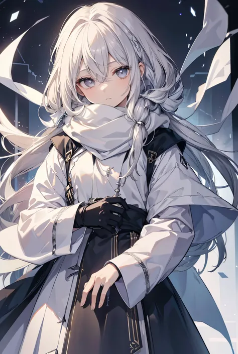 solo、Androgynous appearance、Expressionless、Long Hair, Silver Hair,｛｛Holding a silver birdcage with a white ribbon｝｝、A vein of phantom crystals in the background、Cloudy light brown eyes、A white haze surrounds、White scarf、Androgynous appearance、Hollow eyes、C...