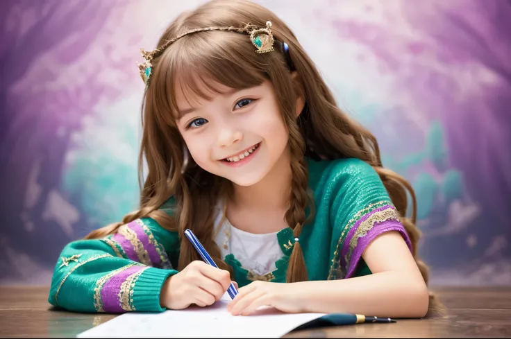 Best Quality　masterpiece　detailed　A super cute girl is smiling and writing the alphabet[c]Turn your body so that it looks like this　Photo style　Fantasy　Fantasy background willow[c]