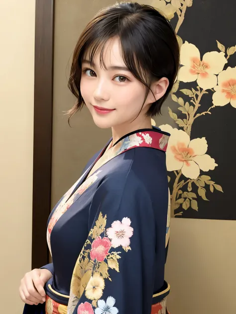 288 (20-year-old woman,short hair) , (a kind smile) , (kimono), (colorful), (japanese painting by uemura shōen), flower