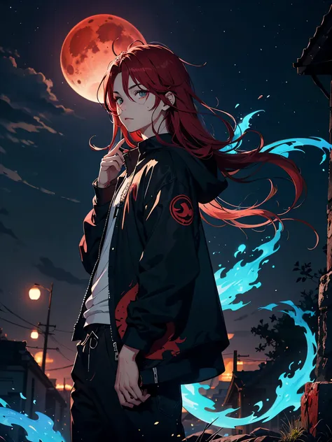 火. blue flames. Burn. Blue 火. 火red hair. Red hair. Red eyeliner. Blood Moon. More anime. male. Long hair. Boy.