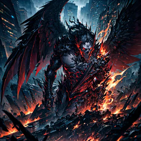 Highly detailed, ultra realistic digital render of a male Angel of Death rooted authoritatively atop a skyscraper, overlooking a devastated cityscape in flames while heavy rain dampens the ashen chaos below, his black wings elegantly masculine, contrasting...