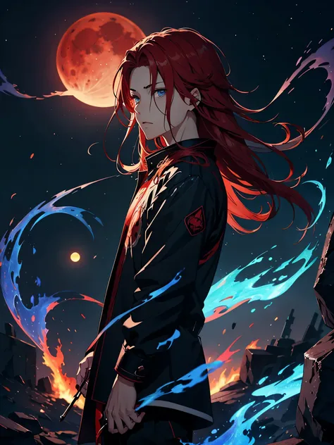 火. blue flames. Burn. Blue 火. 火red hair. Red hair. Red eyeliner. Blood Moon. More anime. male. Long hair. Boy.