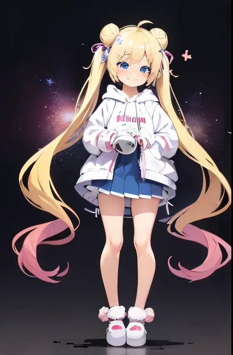 beautiful girl　Blonde　Blue Eyes　Bun Head　Pink-tipped twin tails　whole body　smile　White hoodie　mini skirt　Star mark in the eye　slippers　(puppet)　(wide-eyed)　(with star-shaped pupils)　(standing)　(cheerful grin)　(gradient hair)