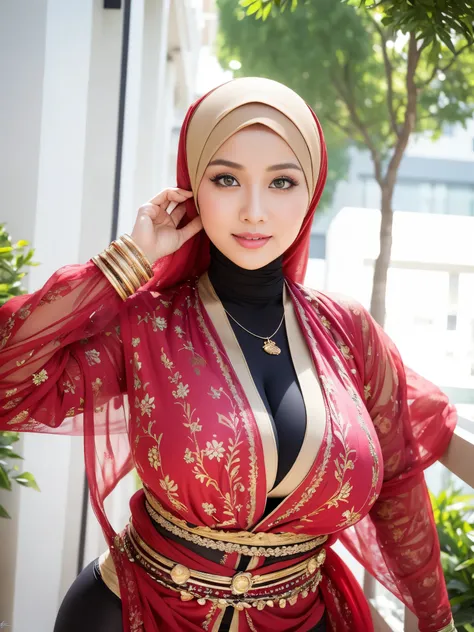 raw, best quality, high resolution, masterpiece: 1.3), beautiful malay woman in hijab,masterpiece, perfect slim fit body, (big b...