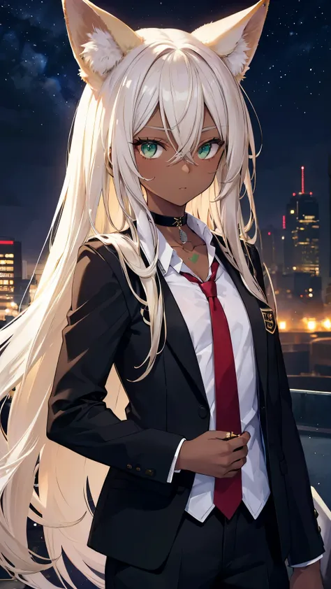 Best Quality,Blonde,Fennec ears,Green Eyes,Very long hair,Straight Hair,(Brown skin,Dark Skin,),Around town,Night Sky,,Slender,Tattoo,business suit,jacket,naked,Choker,,Silver Ring,