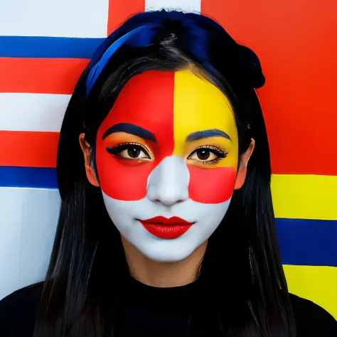 woman with her face painted in mondrian&#39;s composition pattern、the costumes are also patterned after mondrian compositions.、m...