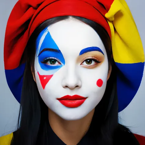 woman with her face painted in mondrian&#39;s composition pattern、the costumes are also patterned after mondrian compositions.、m...