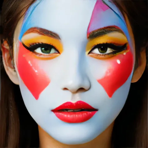 woman with her face painted in mondrian&#39;s composition pattern、the costumes are also patterned after mondrian compositions.