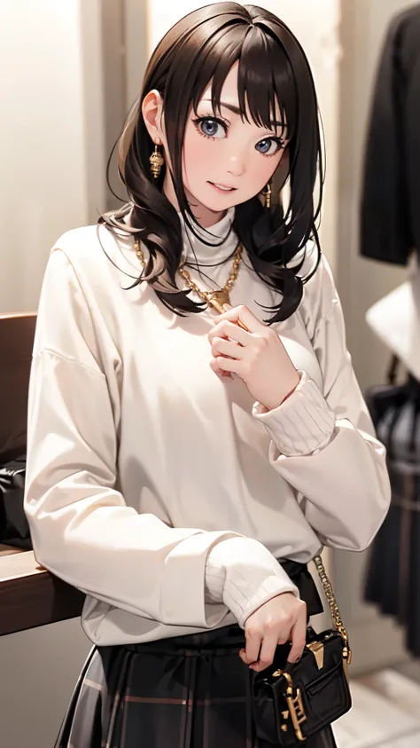 (masterpiece, best quality, beautiful and aesthetic:1.0), Elegant mature woman, bird’s eye view, missionary position, bright black hair, (small breast:1.0), ((White sweater, Long sleeve, Black skirt, plaid skirts, Fashionable, 1 diamond necklace)), open ne...