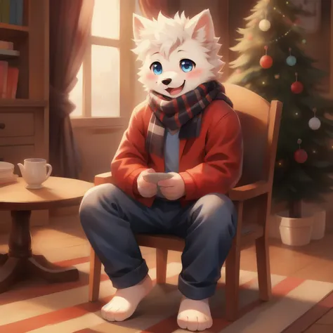 Samoyed, boy, Cuteness, blush, happy face, Blue eyes, red jacket, jeans, Barefoot, scarf, Sitting on a chair,