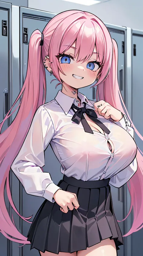 ((masterpiece、Best Quality、Super detailed)、((One person))、((Pink Hair))、((Twin tails))、((Light blue eyes))、evil smile、((Grin))、((lots of piercings))、((Very large breasts))、((White collared shirt))、((clavicle))、cleavage、((Black pleated skirt))、Cowboy Shot、(...