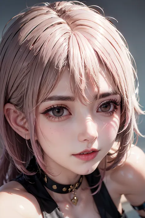  1Women, early 20s, emo girl, succubus, smoky eyes, eyeliner, mascara, short silky pink hair, pink haired, dog collar, shocked, close-up, face focus, zoomed in. wide open eyes.