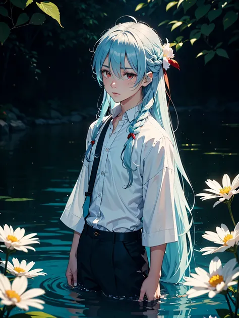 Open hair. Crying. Daylight. Sunny. Hot. Red eyes. Light Blue hair. More anime. light blue light. Bright light. White flowers. male. Long hair. long blue hair. aquatic, boy, silver hair accessories, light blue hair. Red eyes.