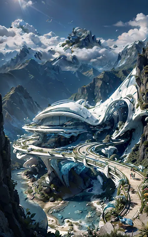 ((by Zaha Hadid)),
a villa on a high mountain cliff,shell element,crazy curve,((the verdant mountainresh flower)),butterfly fluttering,blue sky,white cloud,the sun is shining brightly,bright glass,science fiction curved bridge,