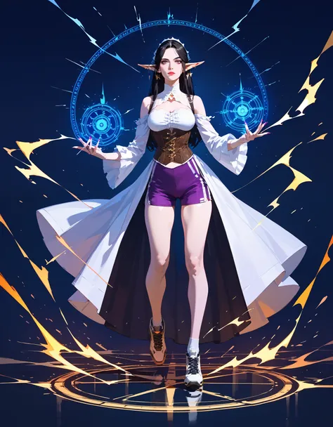 score_9, score_8_up, score_7_up, score_6_up, score_5_up, score_4_up, (masterpiece, best quality:1.2), highly detailed, illustration, mature woman, elf ears, black hair, skinny body, wearing a white corset, violet shorts, sports shoes, magic circles and lig...