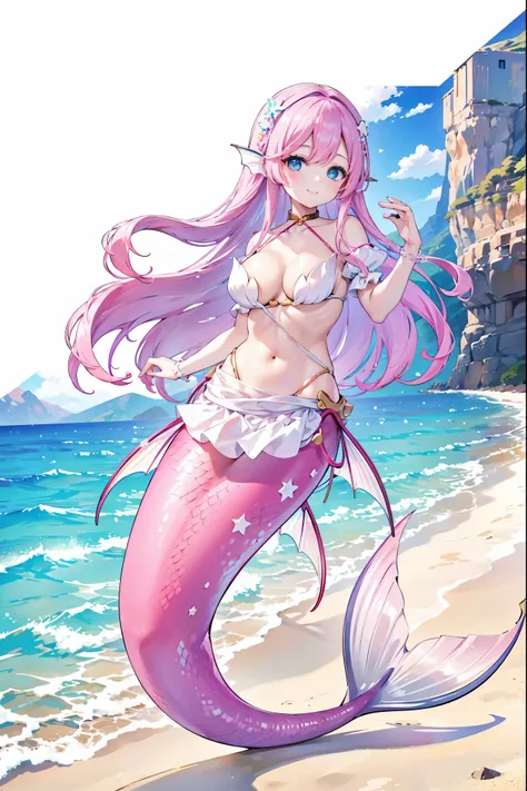 (masterpiece, best quality),a girl,pink hair,hair accessories,white dress,blue eyes,head fin,unique,large breasts,mermaid,粉红色的me...