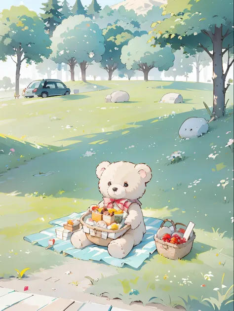 anime background, Ghibli background style,Cute illustration, A teddy bear sitting on a red plaid picnic mat,picnic basket,jam,Toast, soft的soft, [[cream, Giorgio Morandi Colors, thick line graph, Full-color illustration, Picnic in the forest, cover illustra...
