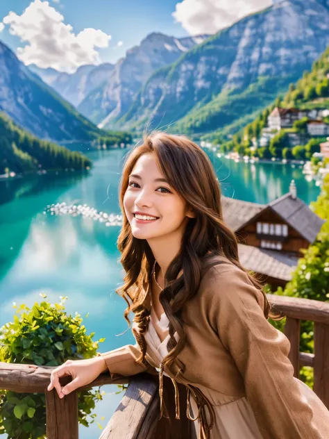 Best Quality　masterpiece　detailed　A very pretty woman is smiling and looking at the beautiful view of Hallstatt　Photo style　Fantasy　Fantasy