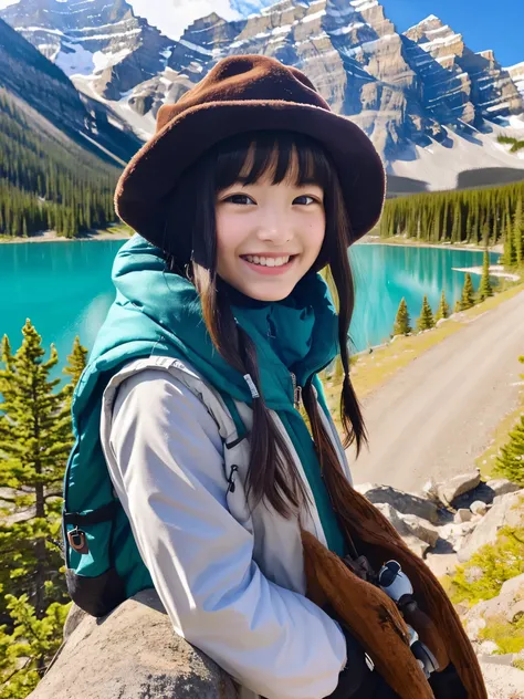 Best Quality　masterpiece　detailed　A very cute girl is smiling and looking at Banff National Park　Photo style　Fantastic　Fantasy　