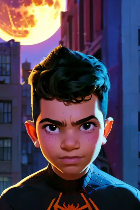 Close-up face, Thoe, ((a boy, 6yo)), Marvel Comic Panel Drawing: A boy with black eyes, in Dynamic pose, short black hair , over The building under The moonlight, spiderman suit in a city with a fixed gaze . ((Over a building, fullmoon background))